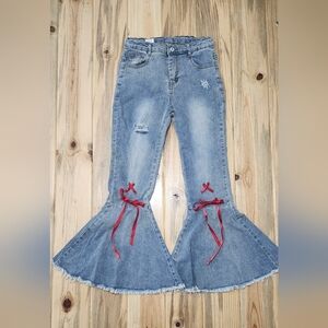 Sparkle In Pink Flared Bellbottoms Blue Jeans w/ Red Accents Girls 5XL-12/14